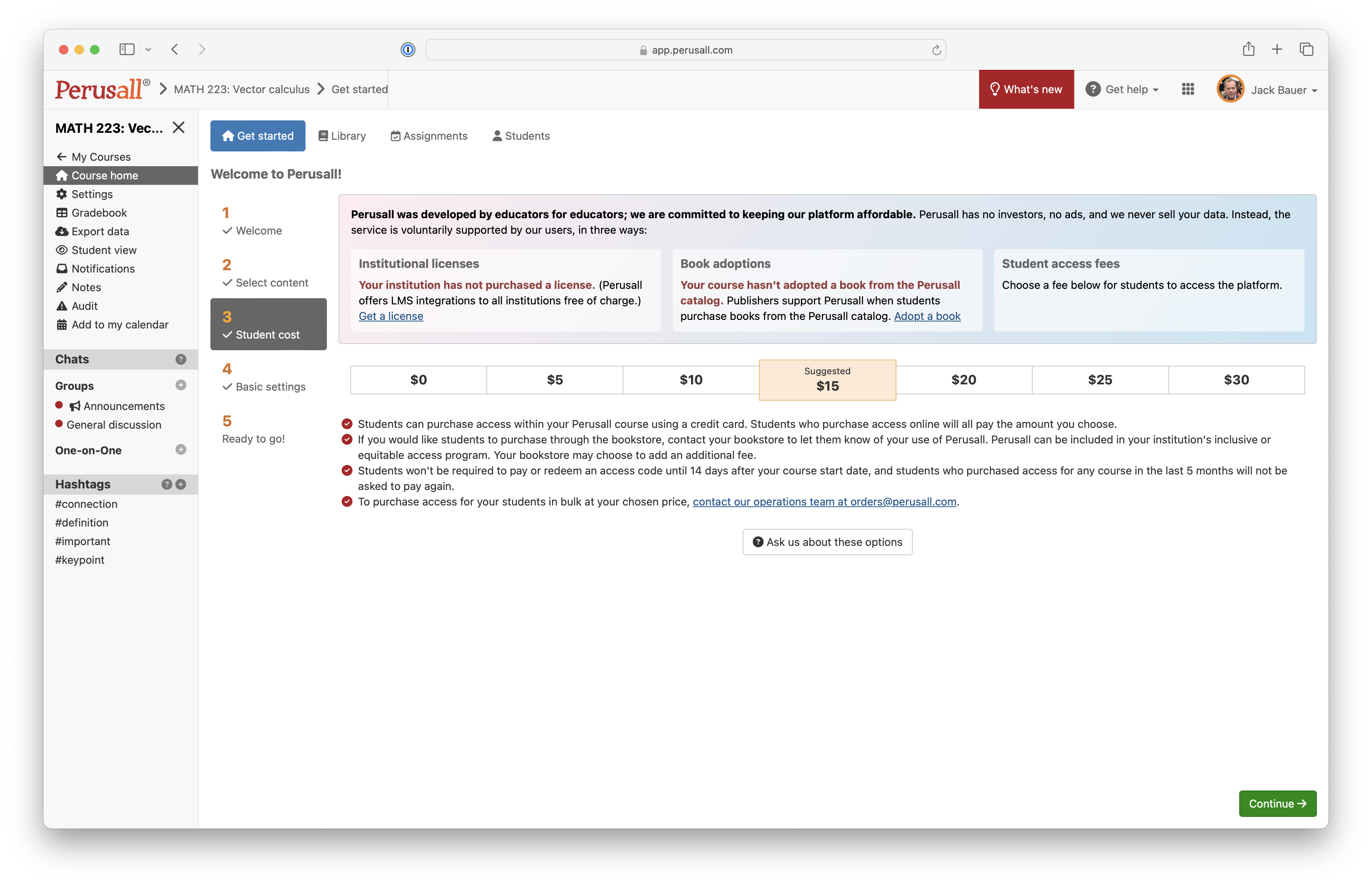 An image of Perusall's Fee Structure 