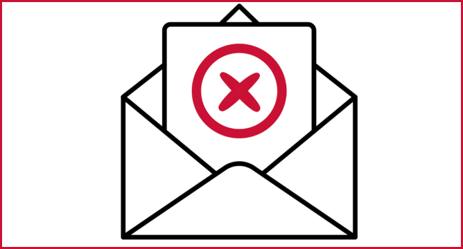 The image shows an open envelope with a letter inside, featuring a red 