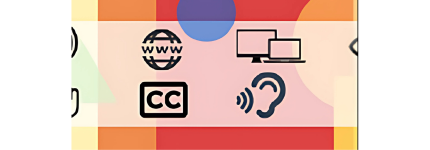 A banner showcasing digital accessibility icons—globe, screens, CC, ear on a warm, geometric background.