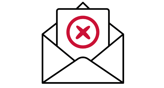 The image shows an open envelope with a letter inside, featuring a red 