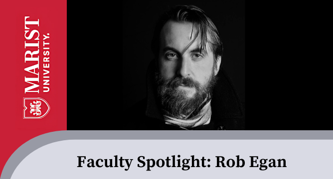 Image of Rob Egan against a dark background with a Marist University banner in red.