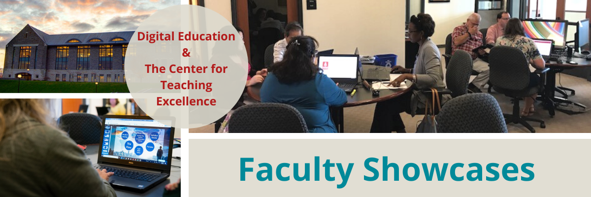 The image features the Marist College Library , a group of faculty discussing and using laptops, a close-up of a laptop screen displaying  presentation, and highlighted texts "Digital Education and The Center for Teaching Excellence" ,"Faculty Showcases."