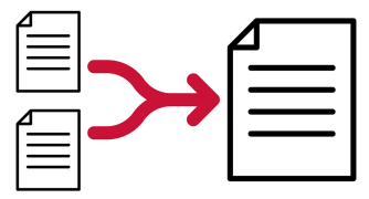 A minimalist graphic illustrates data transfer with two documents linked to a single document by a red arrow.