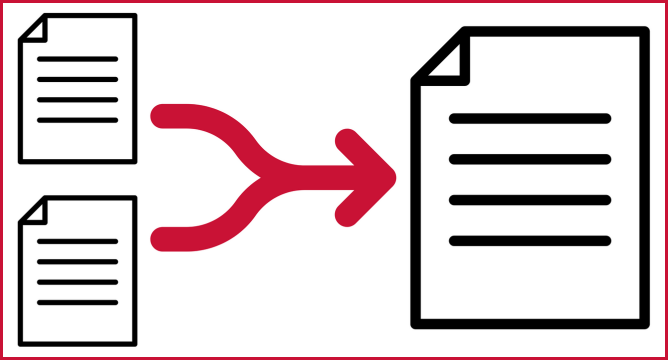 A minimalist graphic illustrates data transfer with two documents linked to a single document by a red arrow.