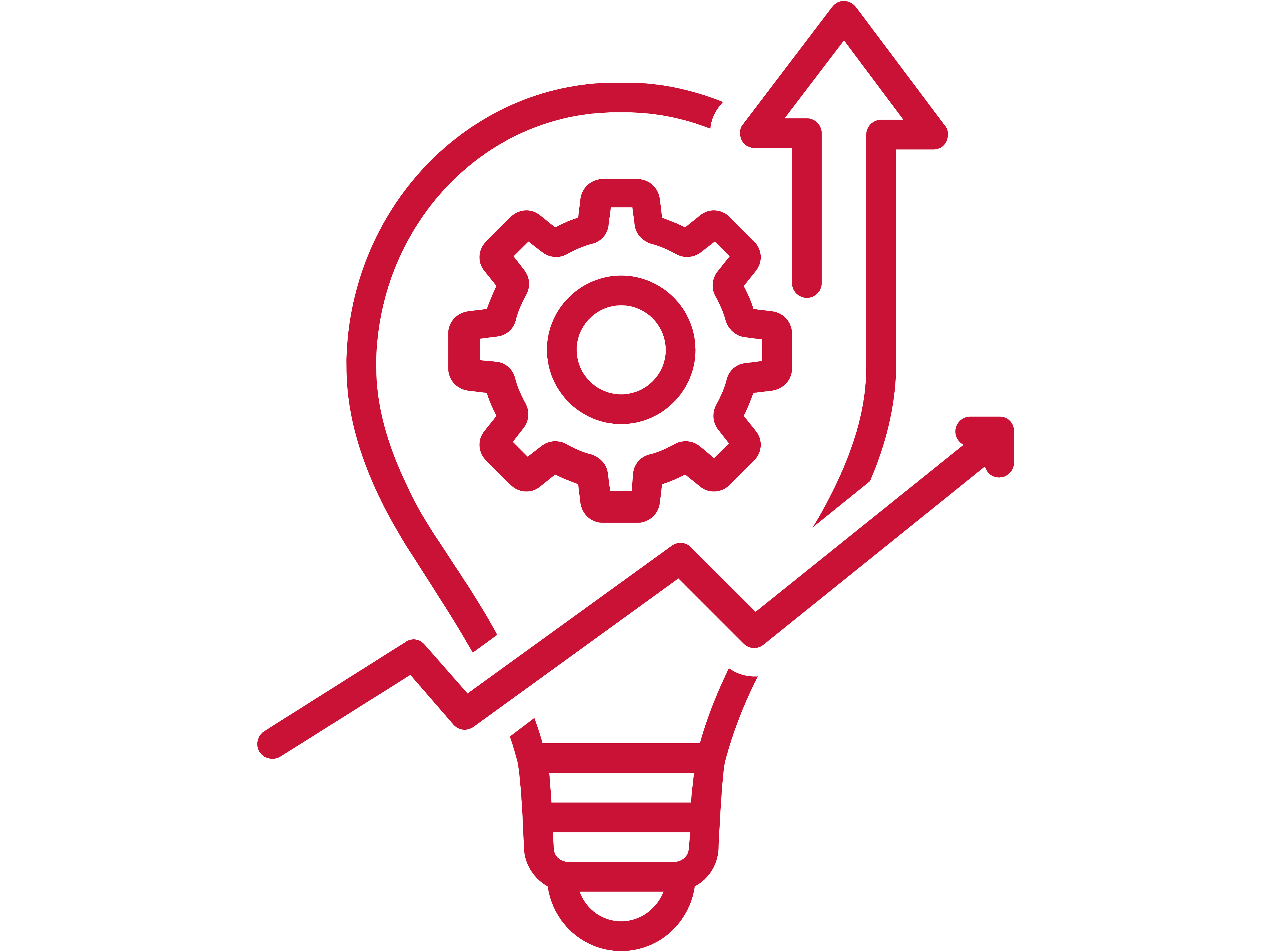 An icon of a  lightbulb which has a  gear icon, situated inside and a  line graph with upward trending arrows, indicating growth or progress, in Marist red color 