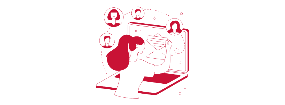 A red color illustration of a woman with a red ponytail reaching for an email on her laptop, surrounded by profile pictures, symbolizing digital communication and interconnectedness.