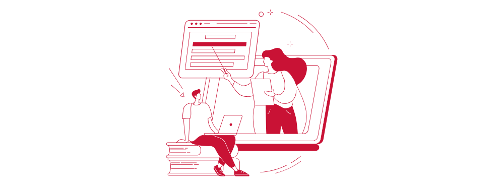 A red-colored illustration of a student engaged in an online class, with the teacher teaching through a laptop screen and a focus on the digital learning experience.