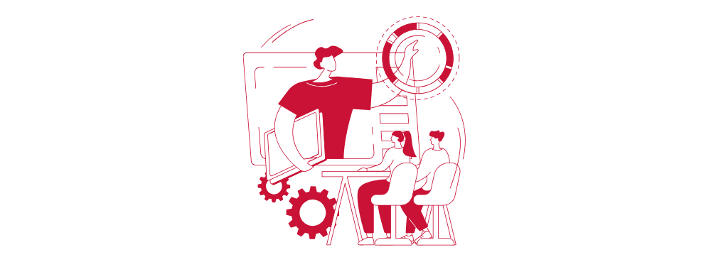 A red-colored illustration of an online learning environment, featuring an instructor and students engaging in a virtual lesson with progress indicators and gears symbolizing learning.