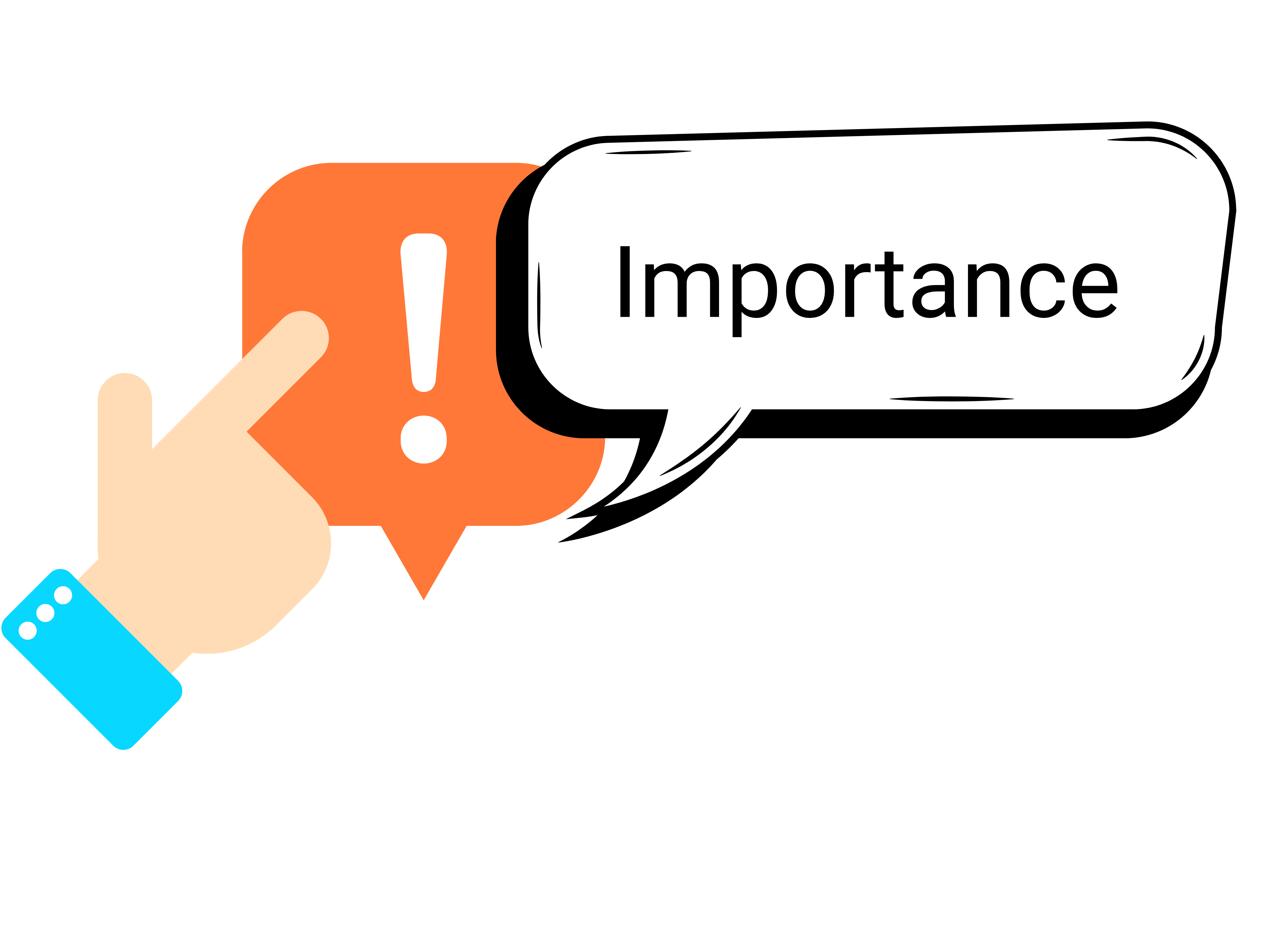 A hand pointing at an exclamation mark icon beside a speech bubble that says "Importance.