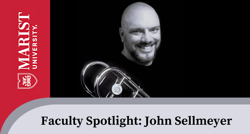 John Sellmeyer with a trumpet in his hand, on a black background and Marist logo on red background
