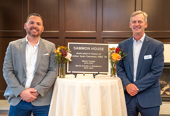 Chris Magro, nephew of Brother Seán Sammon (left), and President Kevin Weinman at the dedication of Sammon House. Photo by Benson Delaney ’27/Marist University.