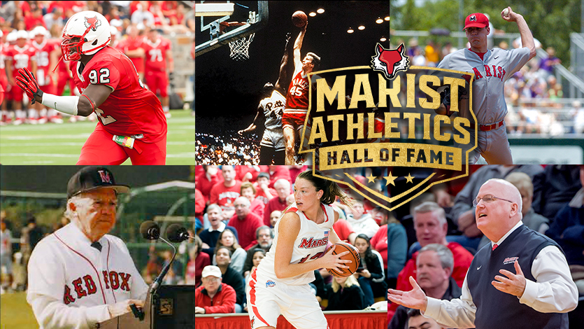 Collage image of Hall of Fame inductees with 'Marist Athletics Hall of Fame' logo.