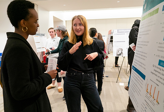 An image featuring multiple  posters with individuals engaged in professional discussions.