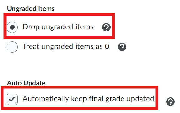  Screen shot image of dropping the ungraded items or treating them as zero.