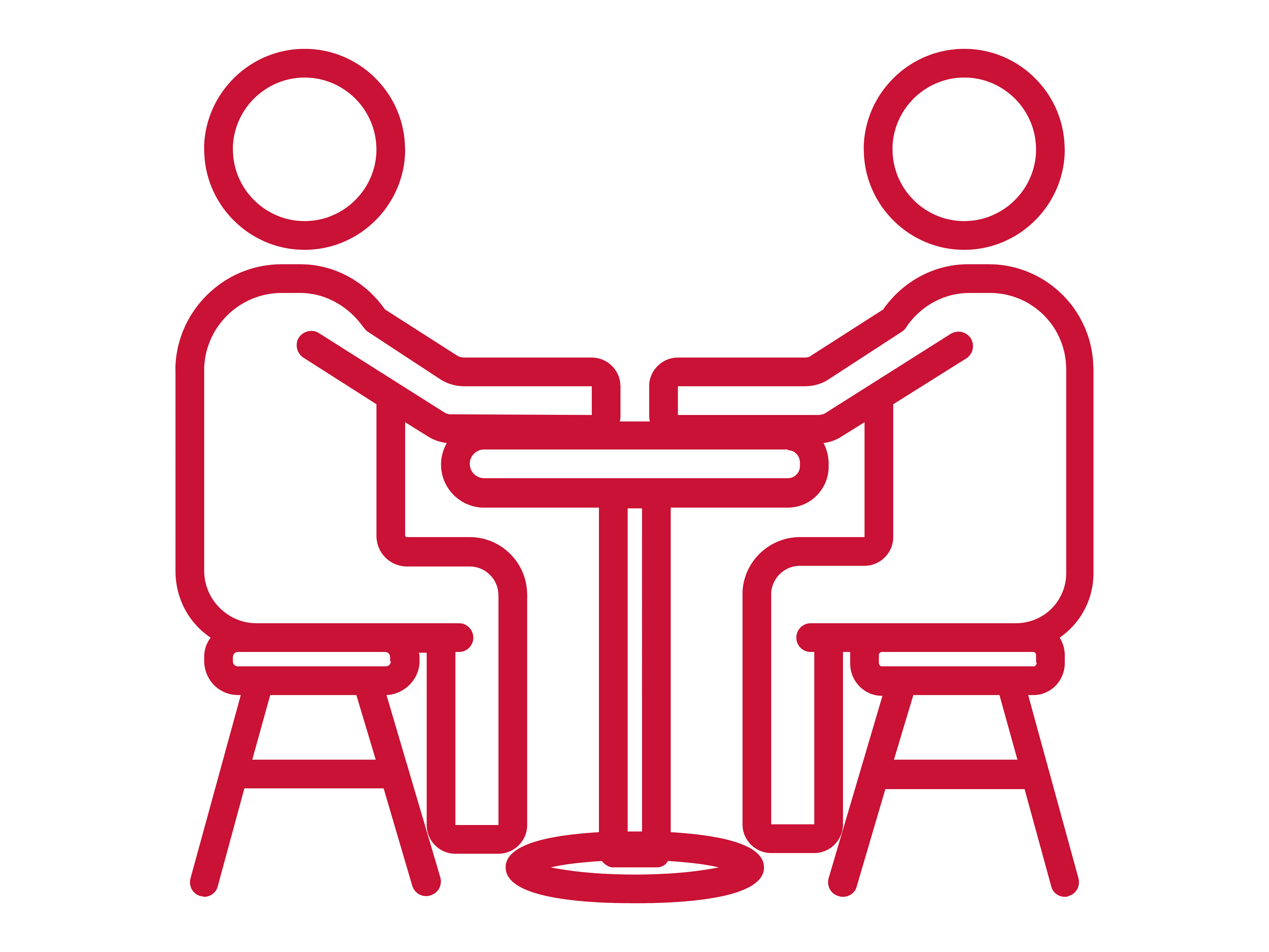 Icon of two people sitting in front of each other with a table in between them 