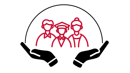 Stylized illustration of three diverse figures in red outline within black hands. Central figure in a graduation cap, symbolizing protection and support.