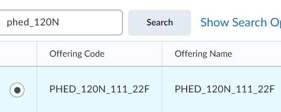 A search box is shown.Below it, a table lists the search results with "Offering Code" and "Offering Name" as headers. 