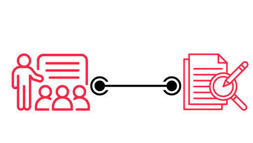 A red icon of a presenter with three audience members connected by a black line to a red icon of documents with a magnifying glass and pencil.