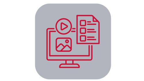 A red line art icon depicting content creation on a gray background. Features a computer monitor, play button, image, and document with checkboxes.