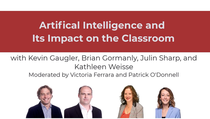 Alt text: "Webinar banner titled 'Artificial Intelligence and Its Impact on the Classroom' featuring four speakers' headshots and names. Professional tone."
