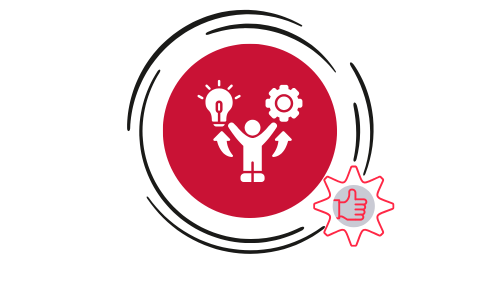 White icon of a person balancing a lightbulb and gear inside a red circle, symbolizing ideas and productivity. A thumbs-up icon signifies approval.