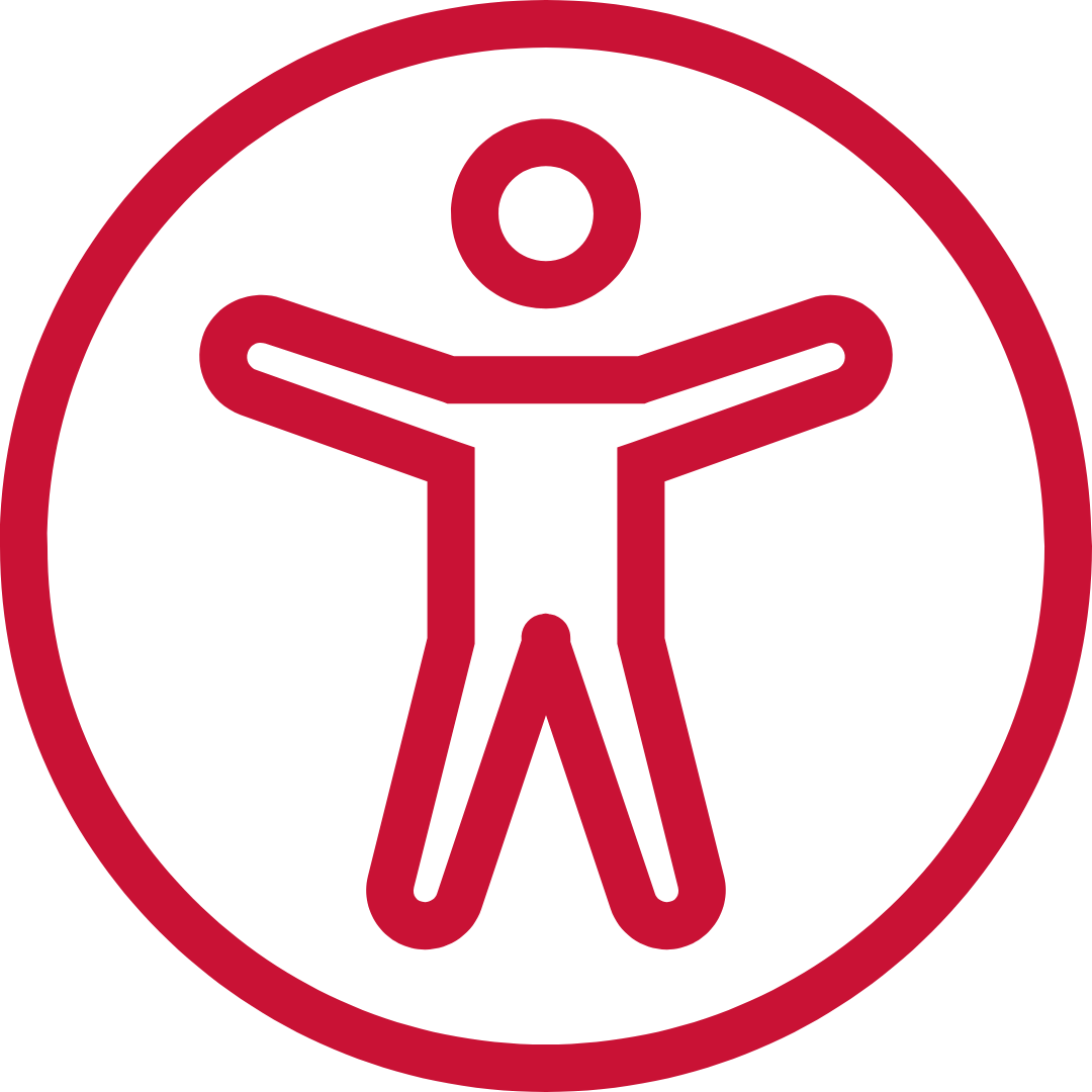 An outlined icon of a standing person with open arms in Marist Red.