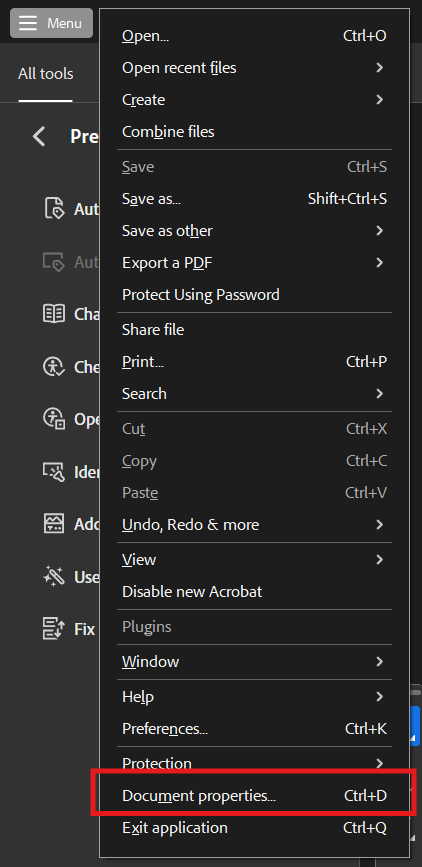 Screenshot of Adobe Acrobat showing the menu in the upper-left corner and the Document Properties option.