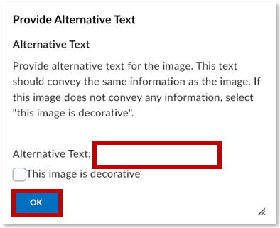 This is a screenshot of a dialog box prompting to enter alternative text for an image, with the text field and "OK" button highlighted in red.