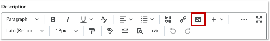 A toolbar with text formatting options, where the "Insert Image" icon is highlighted in red.