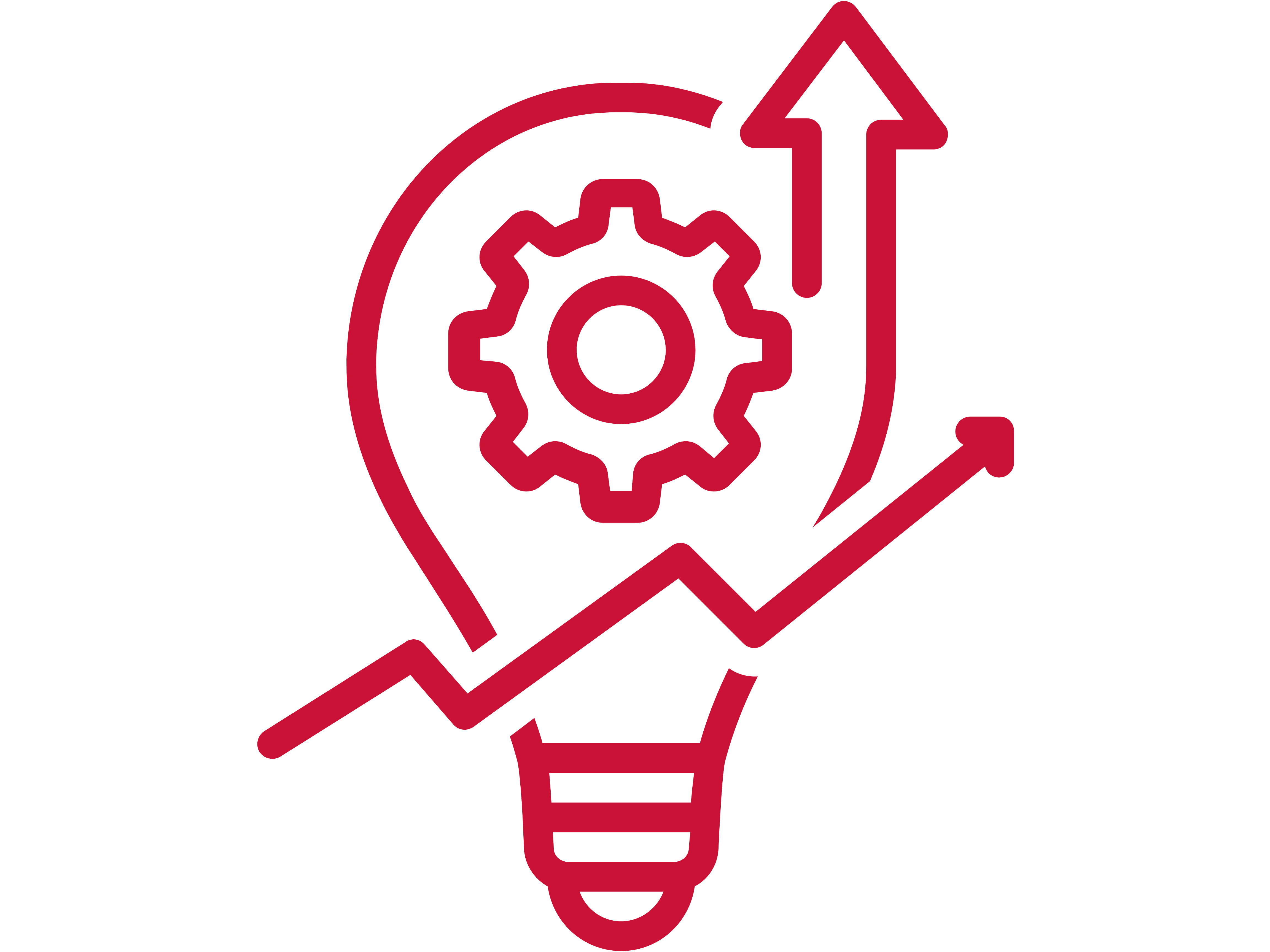  An icon of a  lightbulb which has a  gear icon, situated inside and a  line graph with upward trending arrows, indicating growth or progress, in Marist red color 