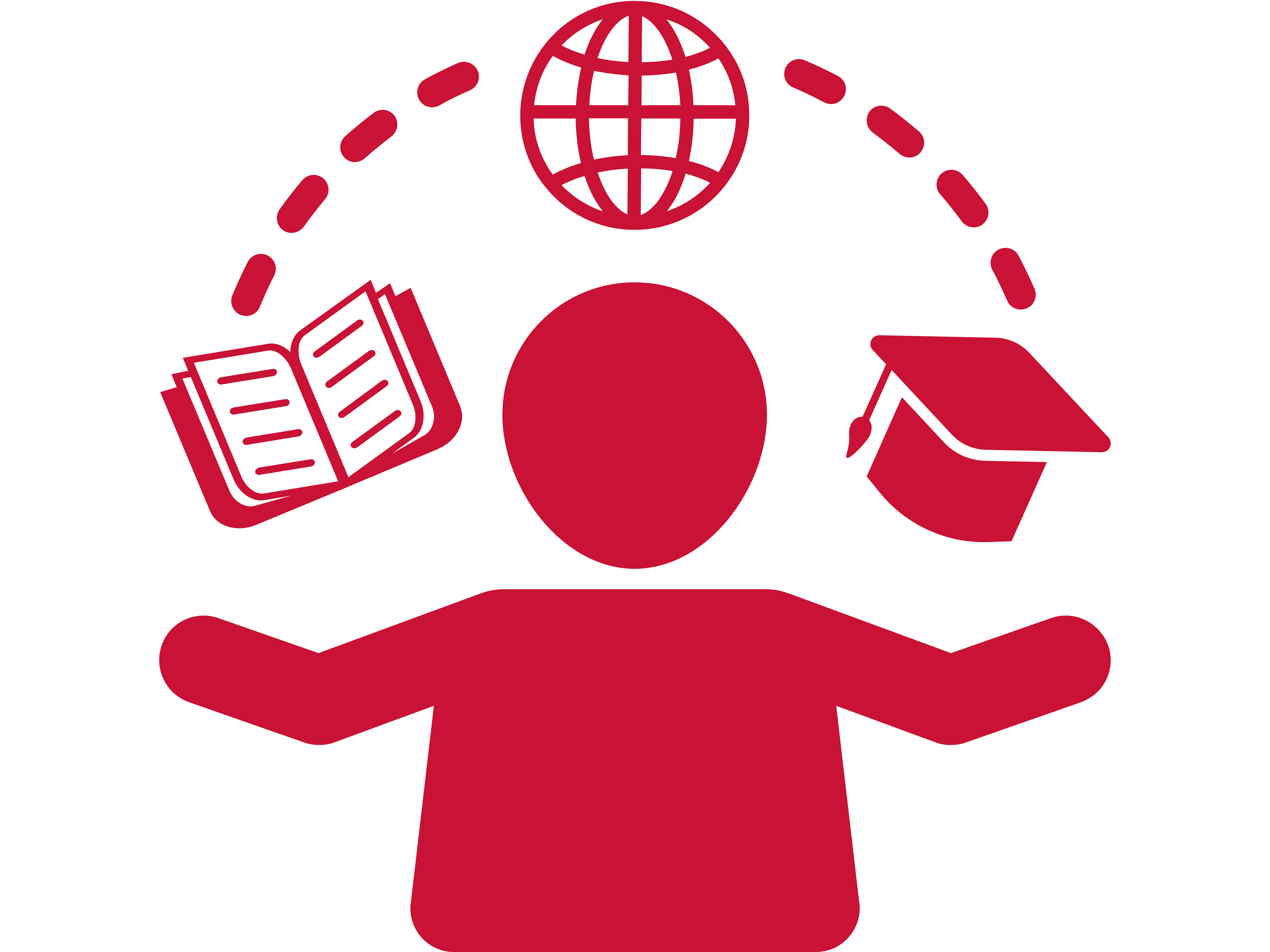 A Red icon of a stylized figure, with arms outstretched with a stylized world globe, in the upper portion of the image.  An open book, depicted in white with red outline, appears to be in mid-air. A graduation cap is also in the image.  