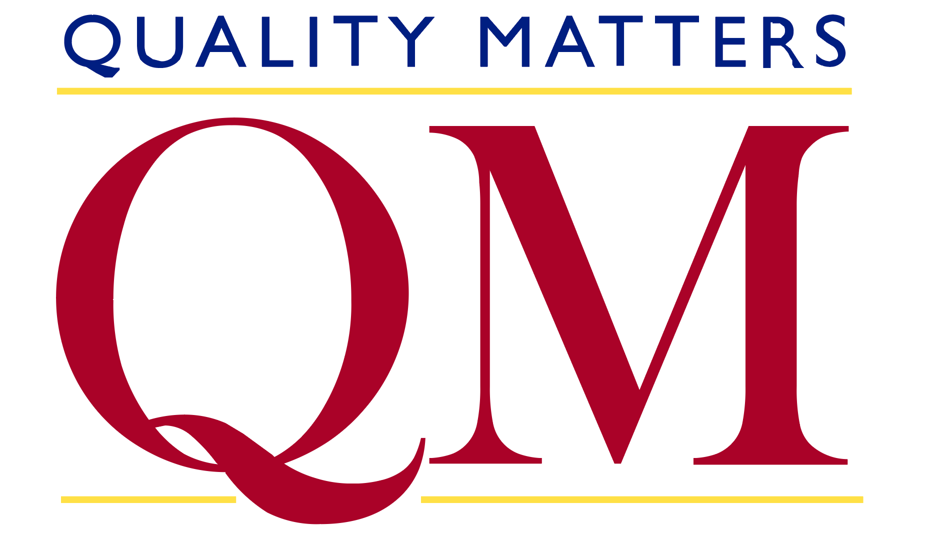 "QM" in large red capital letters, "Quality Matters" written in blue uppercase letters above it, and yellow lines beneath "Quality Matters" and underlining "QM."