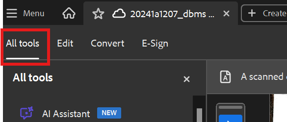 Screen shot of Adobe Acrobat homepage with a red box pointing to  All tools.