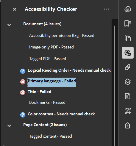 Screenshot of the Accessibility Checker Results pane showing the Primary Language failed accessibility issue.
