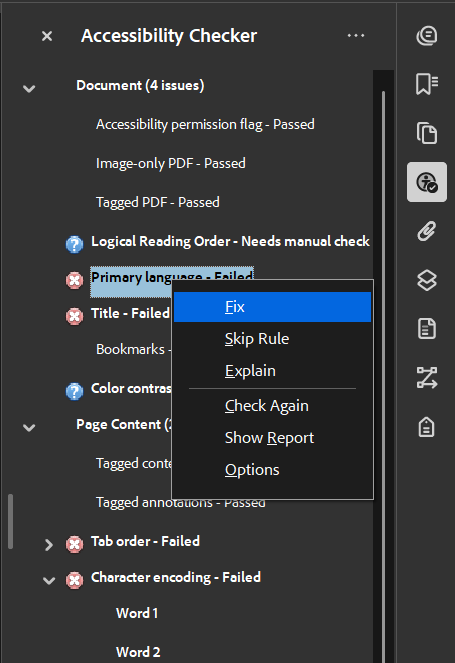Screenshot of the Accessibility Checker showing the right-click menu with the Fix option for the Primary Language issue.