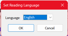 Screenshot of the Set Reading Language dialog box with English selected and the OK button available.