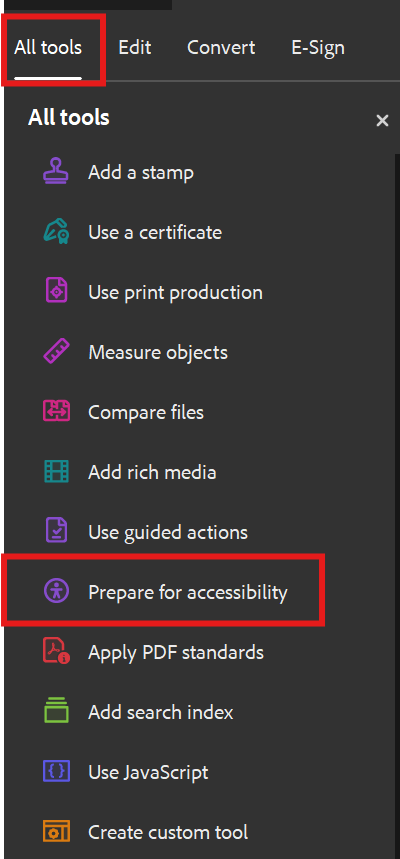 Screen shot of Adobe Acrobat homepage with a red box pointing to prepare for accessibility tool.