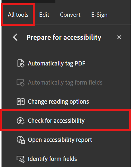Screen shot of Adobe Acrobat homepage with a red box pointing to check for accessibility tool.