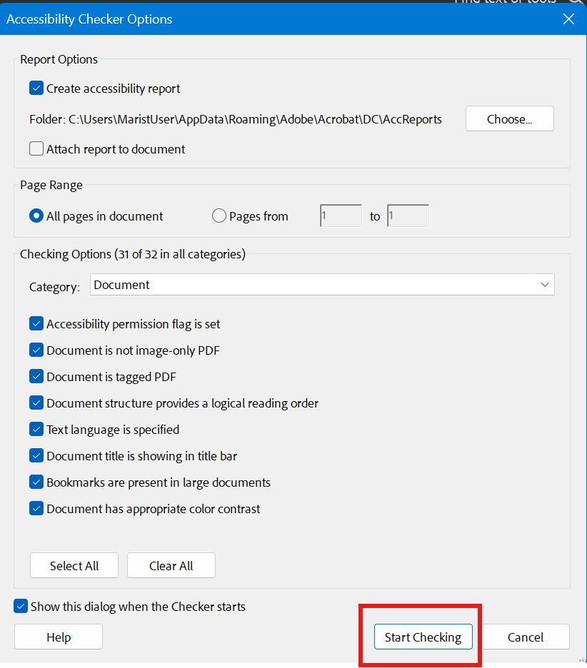 Screenshot of Adobe Acrobat homepage with a dialog box pop up and  a red box outline showing to start checking accessibility.  