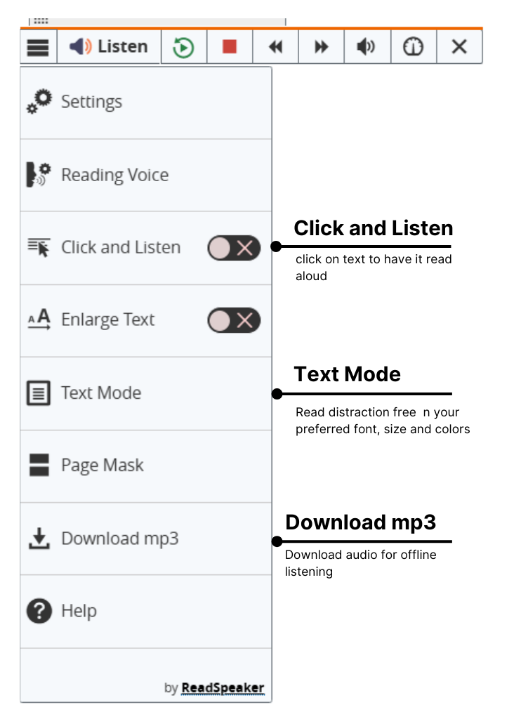 A light-gray ReadSpeaker interface displays menu options like "Listen, Settings, Reading Voice, Click and Listen, Enlarge Text, Text Mode, Page Mask, Download mp3," and "Help", each with icons and descriptions. Toggle switches allow enabling "Click and Listen" and "Enlarge Text" features. "By ReadSpeaker" appears at the bottom.