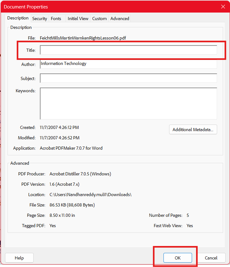Screenshot of the Document Properties window showing the Description tab, Title field, and OK button.
