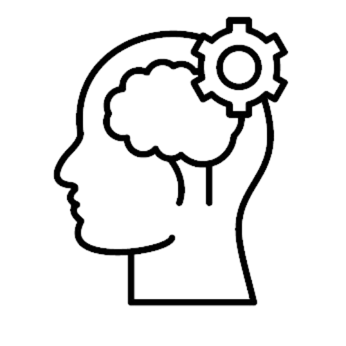 A side profile of a human head with a mechanical gear positioned near the brain area, symbolizing cognitive processes 