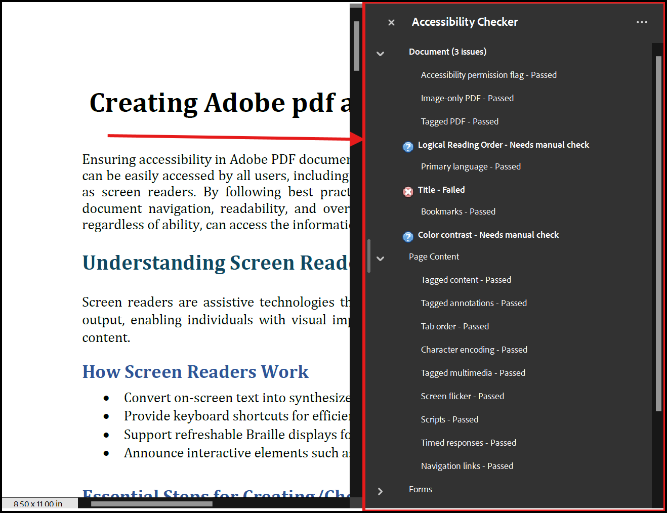 Screen shot of Adobe Acrobat homepage with a Accessibility check results pane on the right side of the page. 