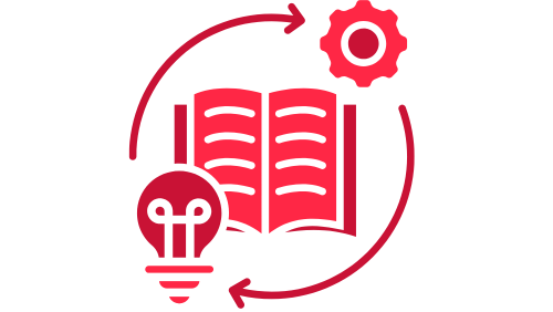 Red icon with an open book in the center, surrounded by a lightbulb on the left, a gear on the right, and arrows forming a circle, symbolizing learning and innovation.